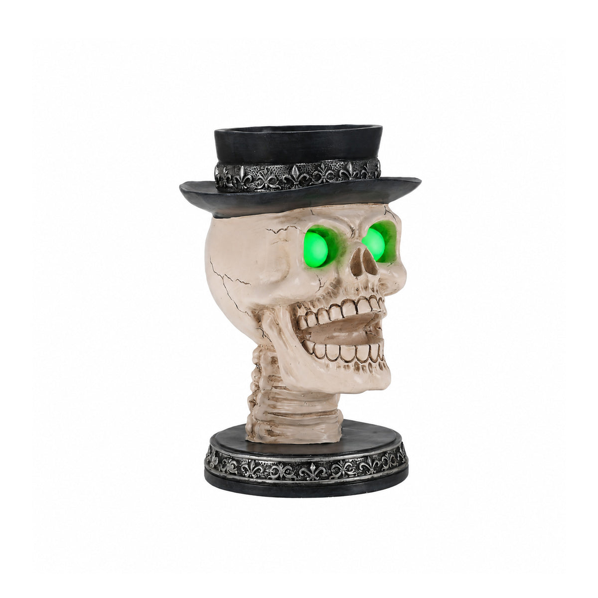 Halloween Skull Candle Holder with Glowing Green Eyes, Gothic Open Mouth Skeleton Head Statue with Black Top Hat, Spooky Tabletop Decor for Home Party - image 6