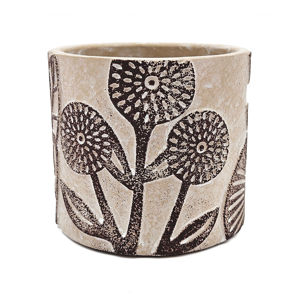 Set of 4 4.3x4.3x4" Gray Sand and Cement Planters with Brown Botanical Motifs - image 9