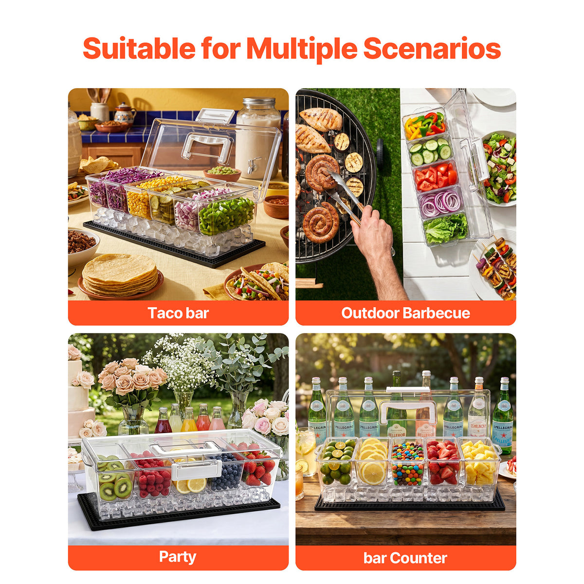 Chilled Condiment Server Caddy, 5 Compartment Ice Cooled Serving Container, Plastic Fruit Garnish Tray Platter with Lid, for Taco Salad Bar Accessories, Party Home Restaurant Supplies - image 9