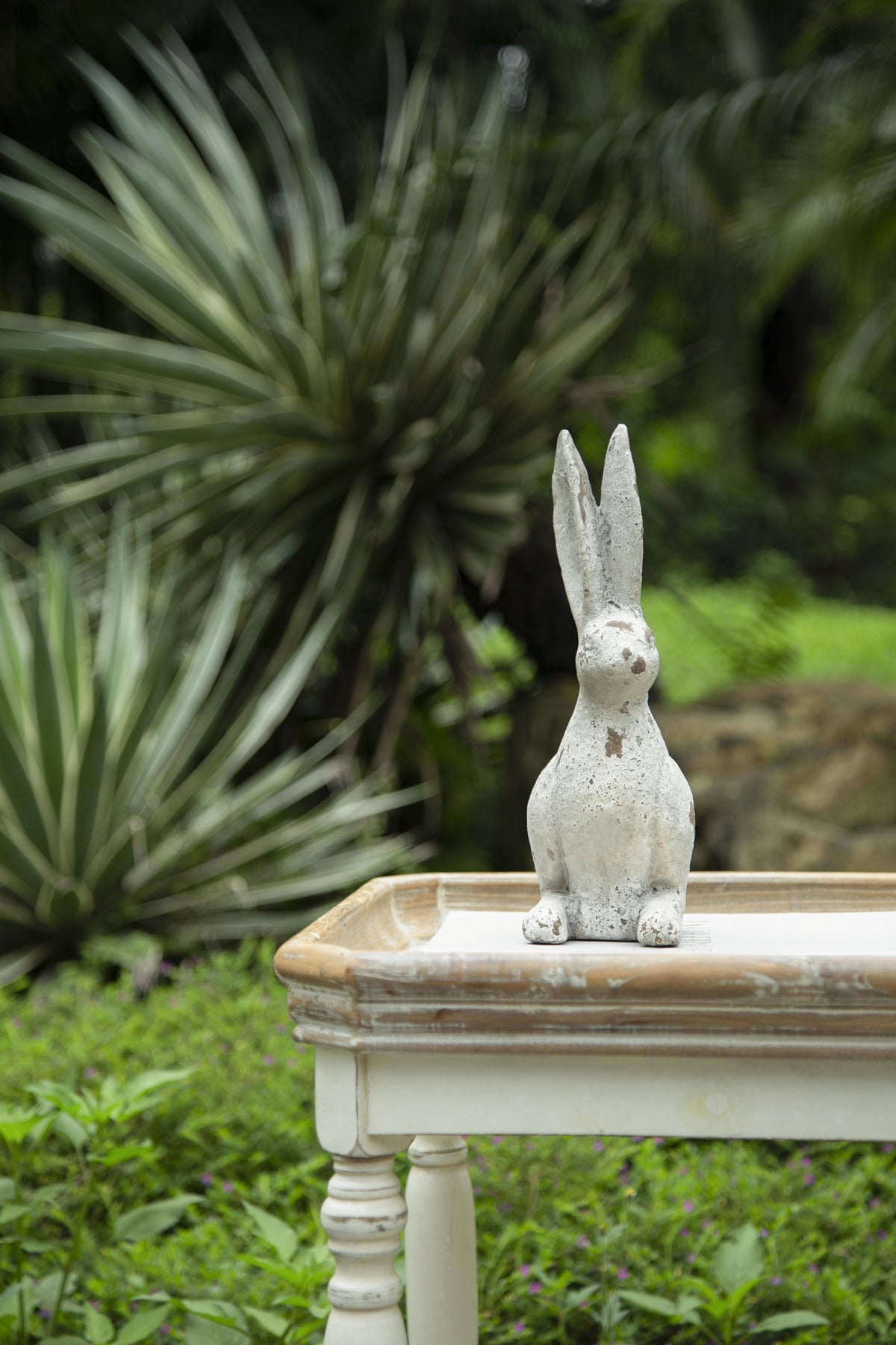5.3x4.5x12.8" Weathered Cement Cream Rabbit Statue - image 16