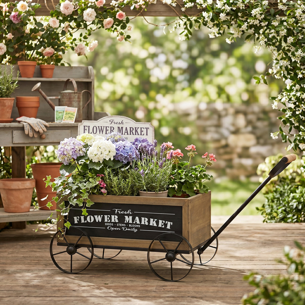 16.5x9.5x8" Rustic Wooden Wagon Planter with Black Iron Wheels and Handle - image 5