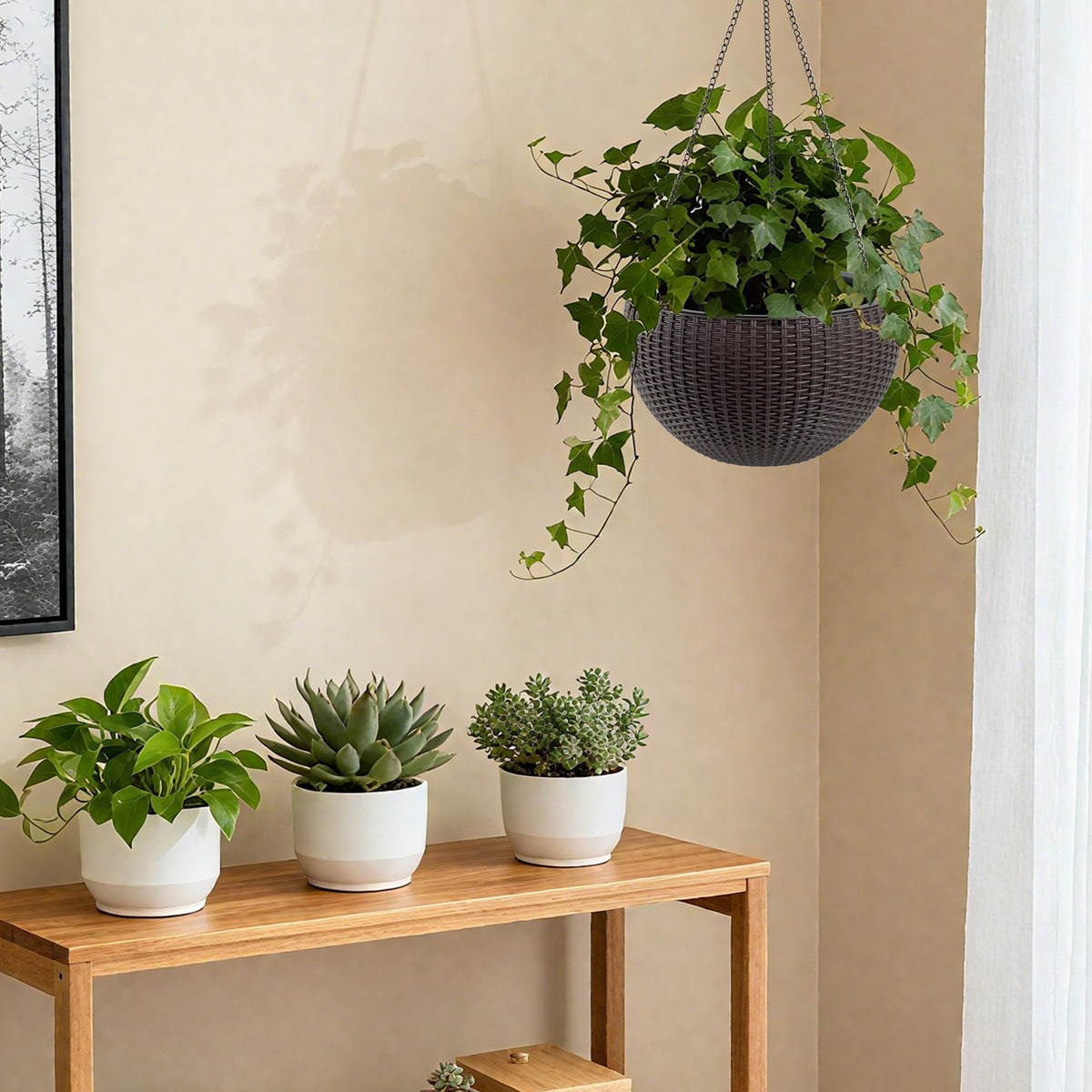 13.4 inch Self-Watering Hanging Rattan-Inspired Planter Large Capacity, Root-Rot Resistant Water Storage with Water Level Indicator, Dual-Use for Indoor & Balcony Decoration (Pack of 2, Brown) - image 10