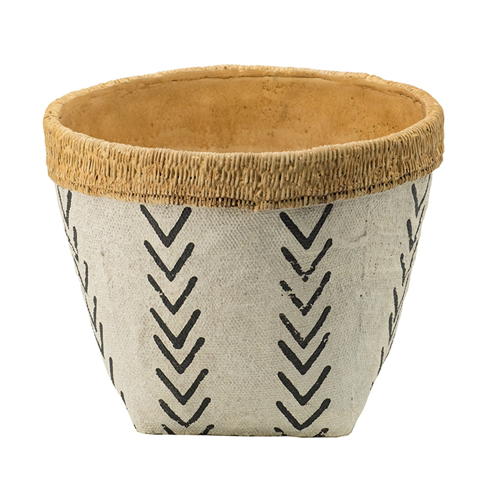 Set of 2 White and Brown Cement Planters with V Pattern, L:D10x8" S:D8x6.5" - image 5