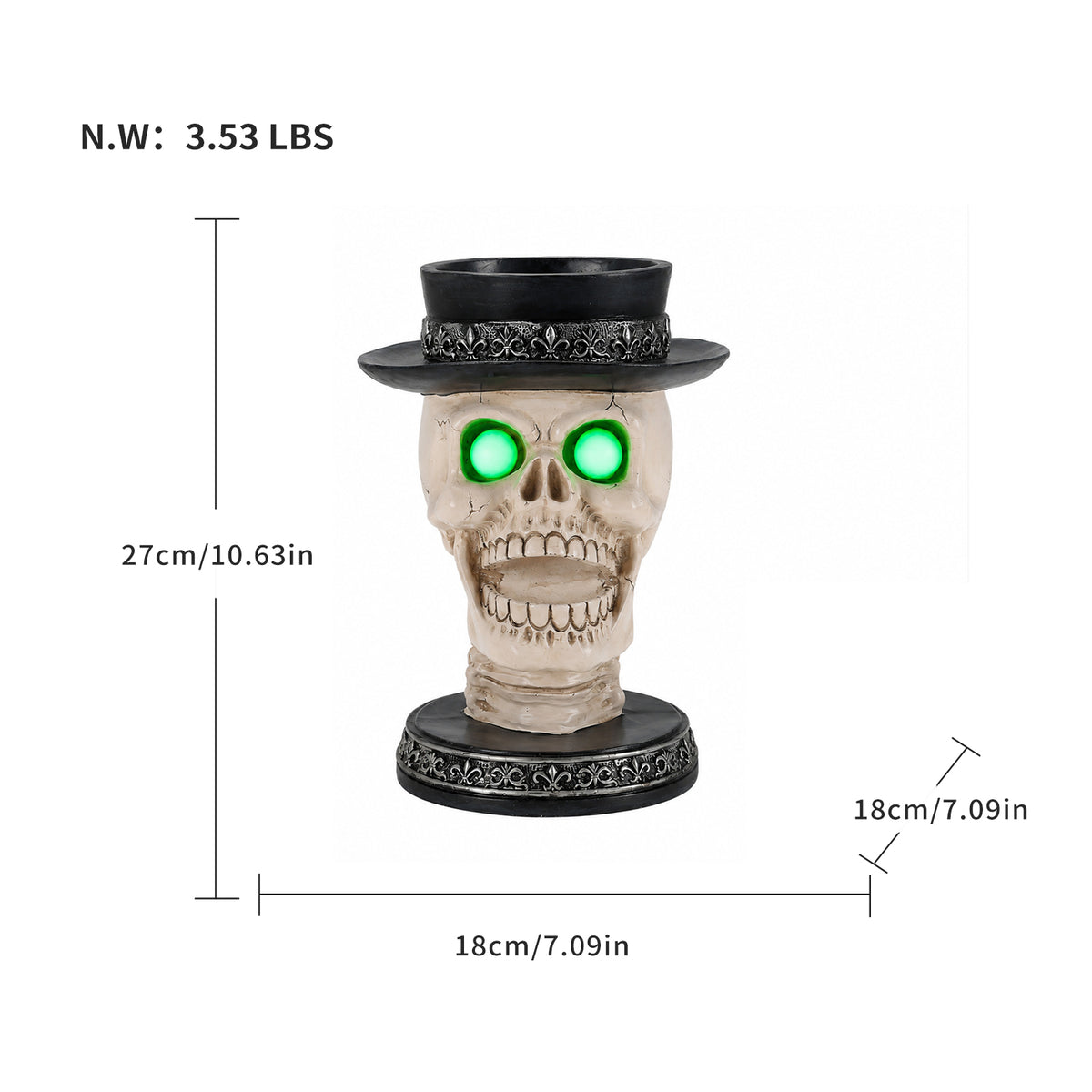 Halloween Skull Candle Holder with Glowing Green Eyes, Gothic Open Mouth Skeleton Head Statue with Black Top Hat, Spooky Tabletop Decor for Home Party - image 4