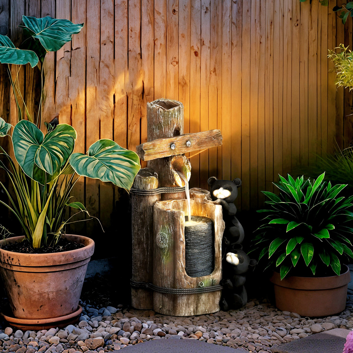 Outsunny 22.8" Outdoor Water Fountain, 3-Tier Floor Standing Resin Bears on Log Waterfall Fountain with LED Lights, Pump - image 10