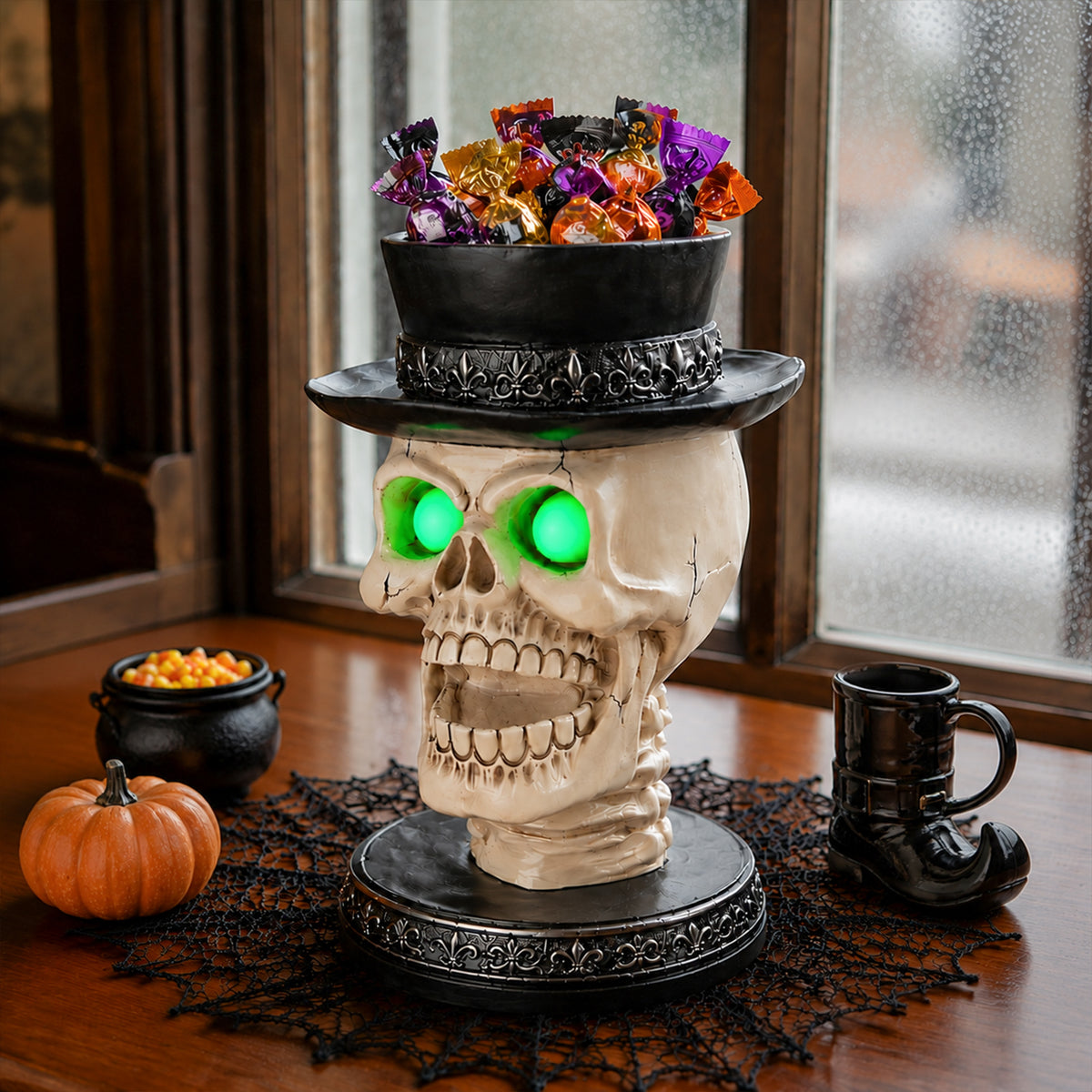 Halloween Skull Candle Holder with Glowing Green Eyes, Gothic Open Mouth Skeleton Head Statue with Black Top Hat, Spooky Tabletop Decor for Home Party - image 18