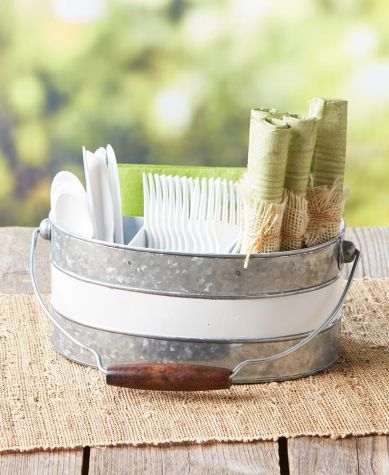 Galvanized Metal Serving Pieces - Oval Flatware Caddy