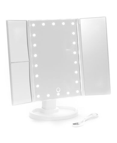 Tri-Fold LED Makeup Mirror with Magnification - White