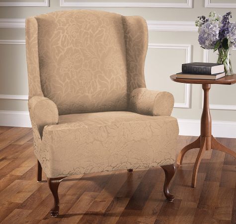 Floral Stretch Slipcovers - Sand Wing Chair