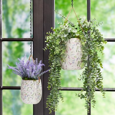 Set of 2 Ceramic Hanging Planters - Set of 2 Hanging Planters Leafy Floral