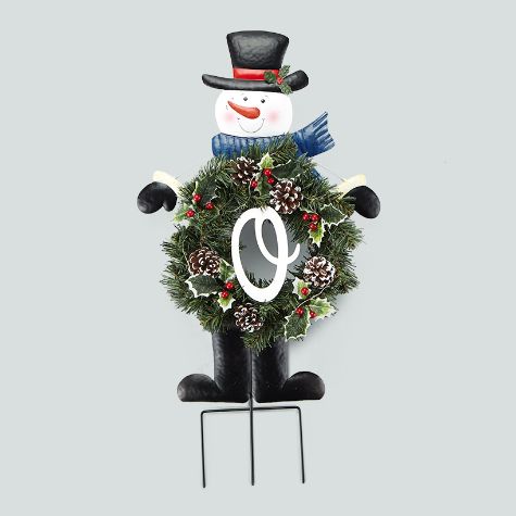 Solar Snowman Stake with Monogram Wreath - O