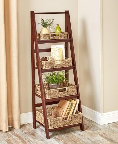 Classic Ladder Shelves or Seagrass Basket Set - Walnut Ladder Shelf