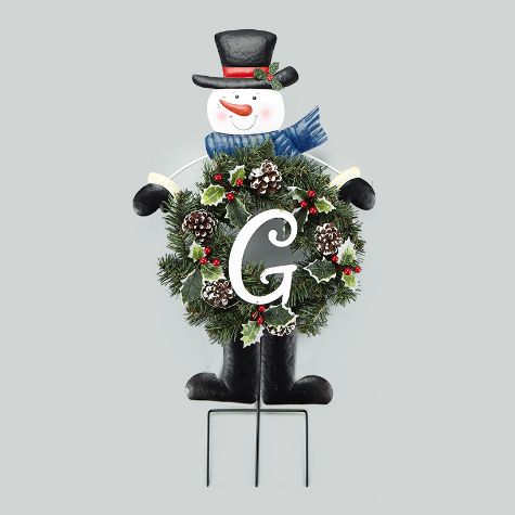 Solar Snowman Stake with Monogram Wreath - G