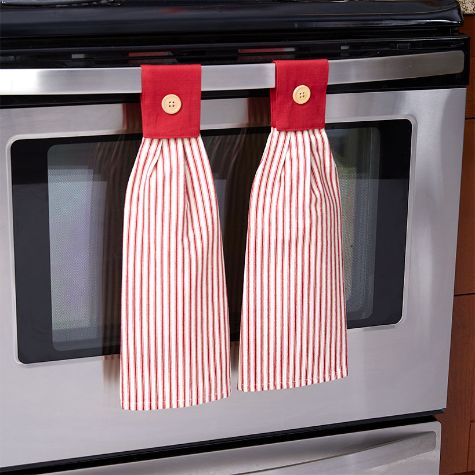 Sets of 2 Ticking Stripe Hanging Kitchen Towels - Red