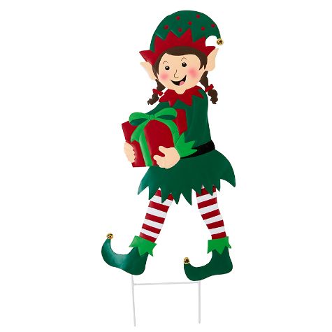 Silly Elf Garden Stake - Silly Elf Garden Stakes Girl with Gift