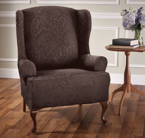 Floral Stretch Slipcovers - Chocolate Wing Chair