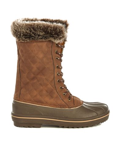 Fur Trim Quilted Duck Boots - Brown 7