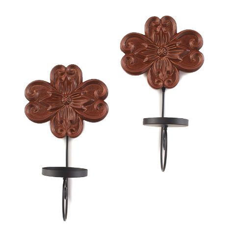 Carved Wooden Decor Accents - Walnut Set of 2 Candle Sconces