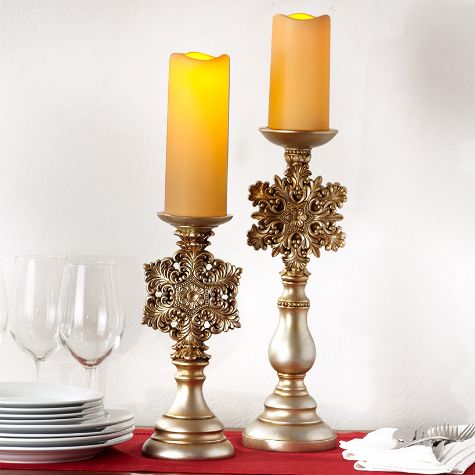 Gold Snowflake Pillar Candleholders