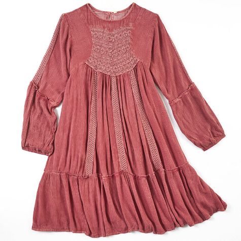 Vintage Wash Lace Trim Swing Dresses - Mauve Medium