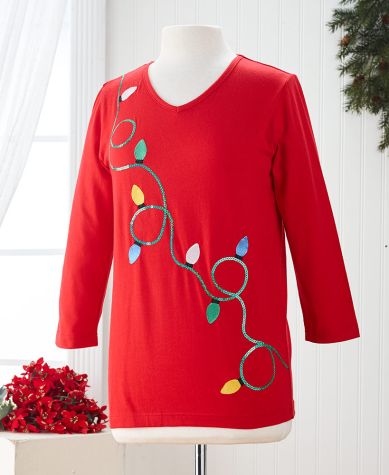 Women's Embroidered Holiday Knit Tops - Lights Medium (10/12)