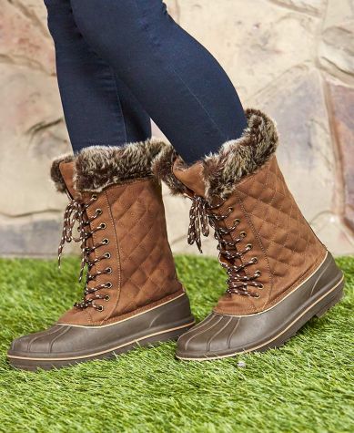 Fur Trim Quilted Duck Boots - Brown 6
