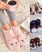 Plush-Lined Knit Critter Slippers with Grippers