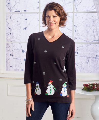 Women's Embroidered Holiday Knit Tops - Snowman Medium (10/12)