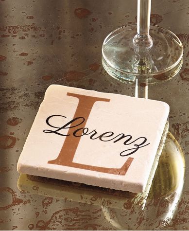 Sets of 4 Personalized Travertine Stone Coasters - Block Monogram & Name