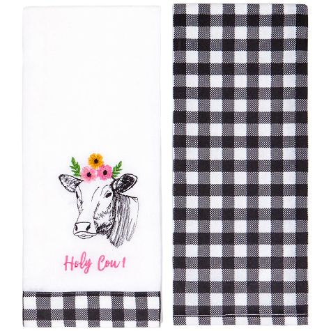 Set of 2 Farmhouse Plaid Kitchen Towels - Holy Cow