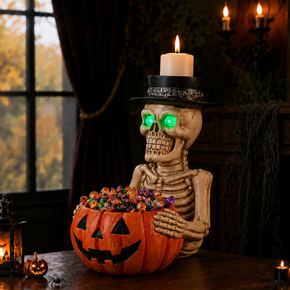 Halloween Skeleton Figurine with Pumpkin Candy Bowl & Candle Holder, Spooky Table Decor for Halloween - image 15
