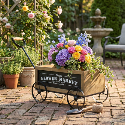 16.5x9.5x8" Rustic Wooden Wagon Planter with Black Iron Wheels and Handle