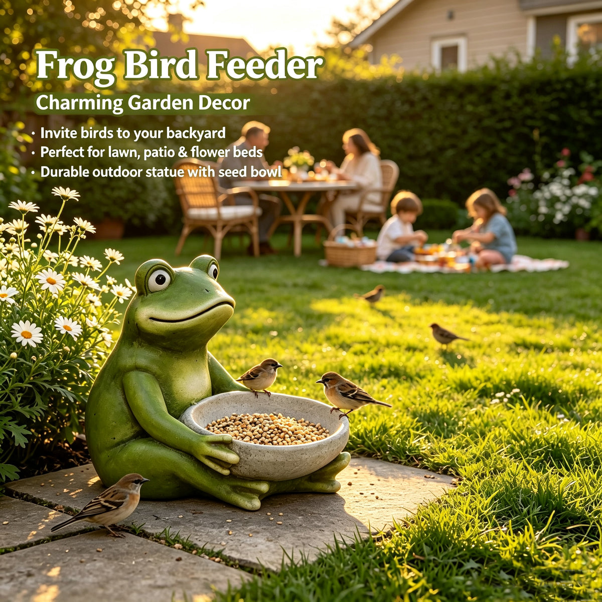 15'' Moss Green Frog Statue Holding Bowl, Cute Animal Bird Feeder Figurine, Outdoor Garden Landscape Sculpture Ornament for Front Porch, Backyard Lawn, Patio, Walkway Home Decor - image 2