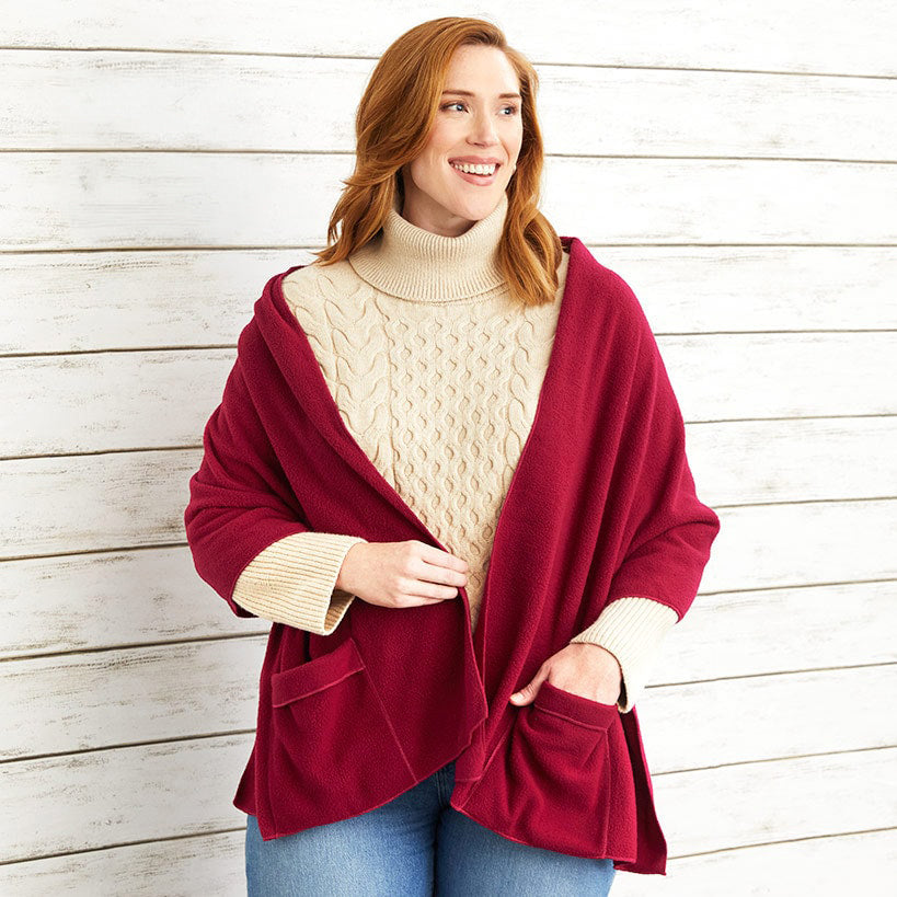 Women's Red Fleece Shawl Wrap with Pockets