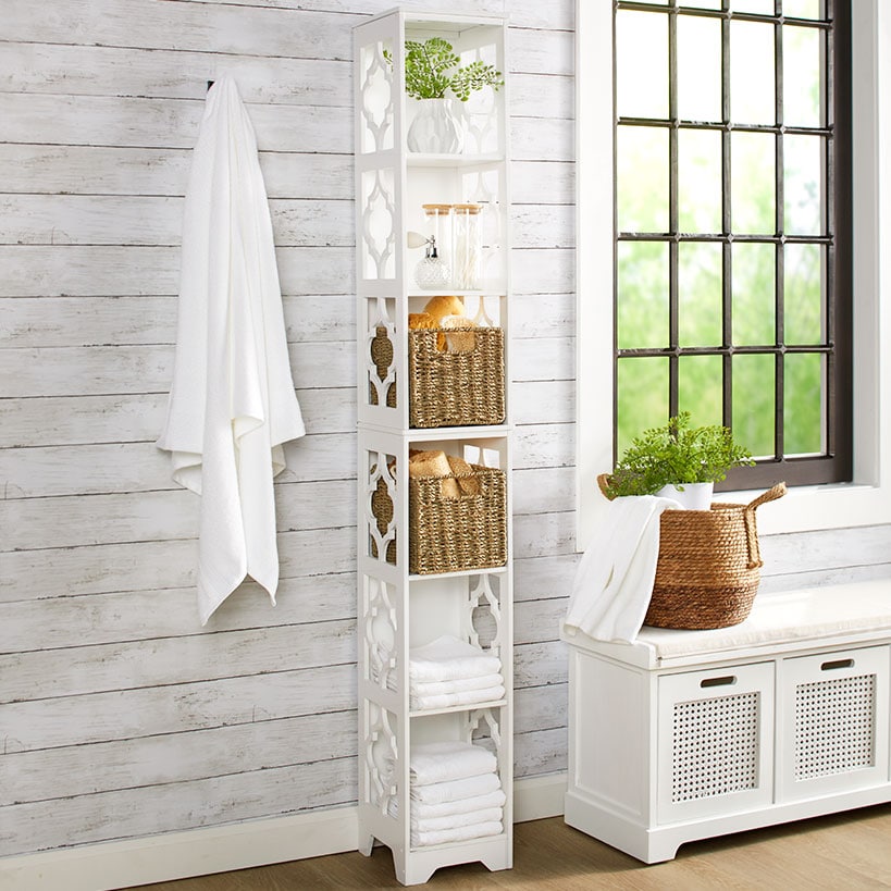 Slim Wood Storage Tower with Decorative Open Display Sides - 6-Tier