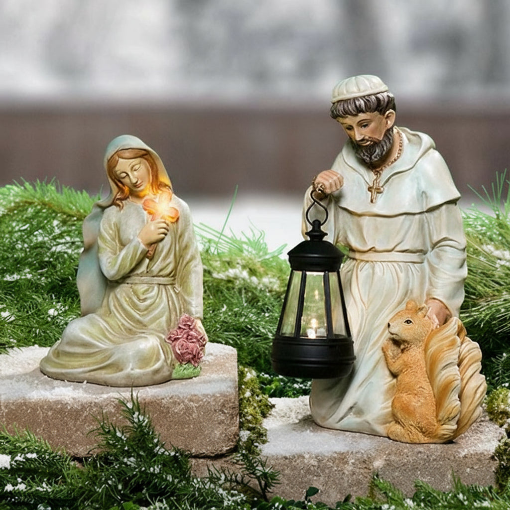 Solar Saint Statues – Mary with Cross and St. Francis with Lantern