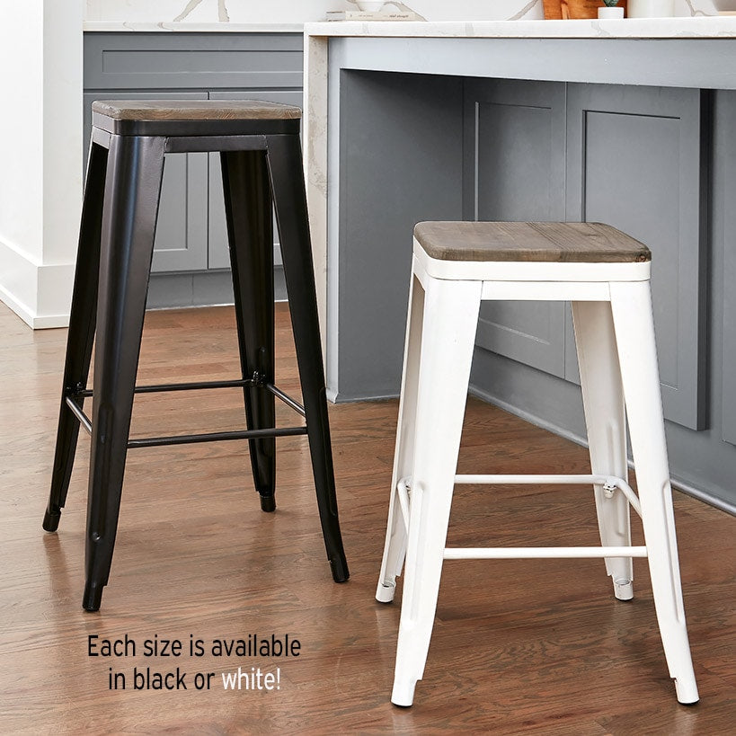 Backless Metal Barstool with Wood Square Seat - 24"H or 30"H