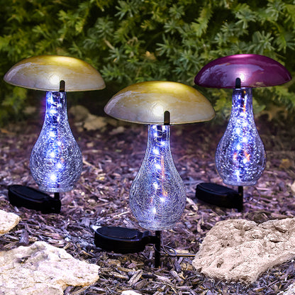 Mushroom Stake Solar Glass With Fairy Lights Purple Or Yellow