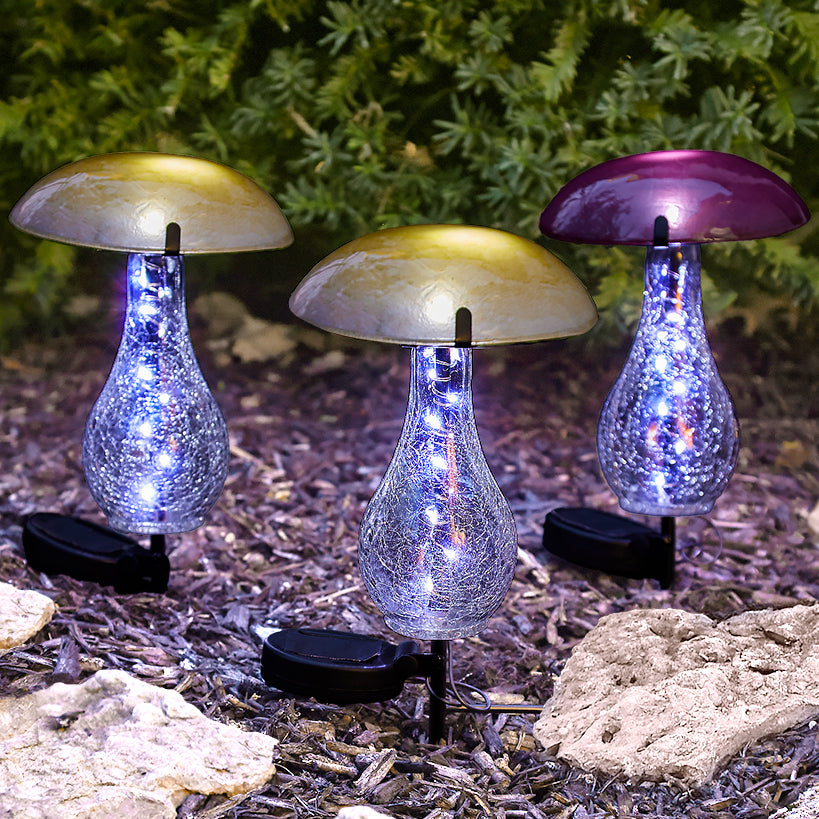 Mushroom Stake Solar Glass With Fairy Lights Purple Or Yellow