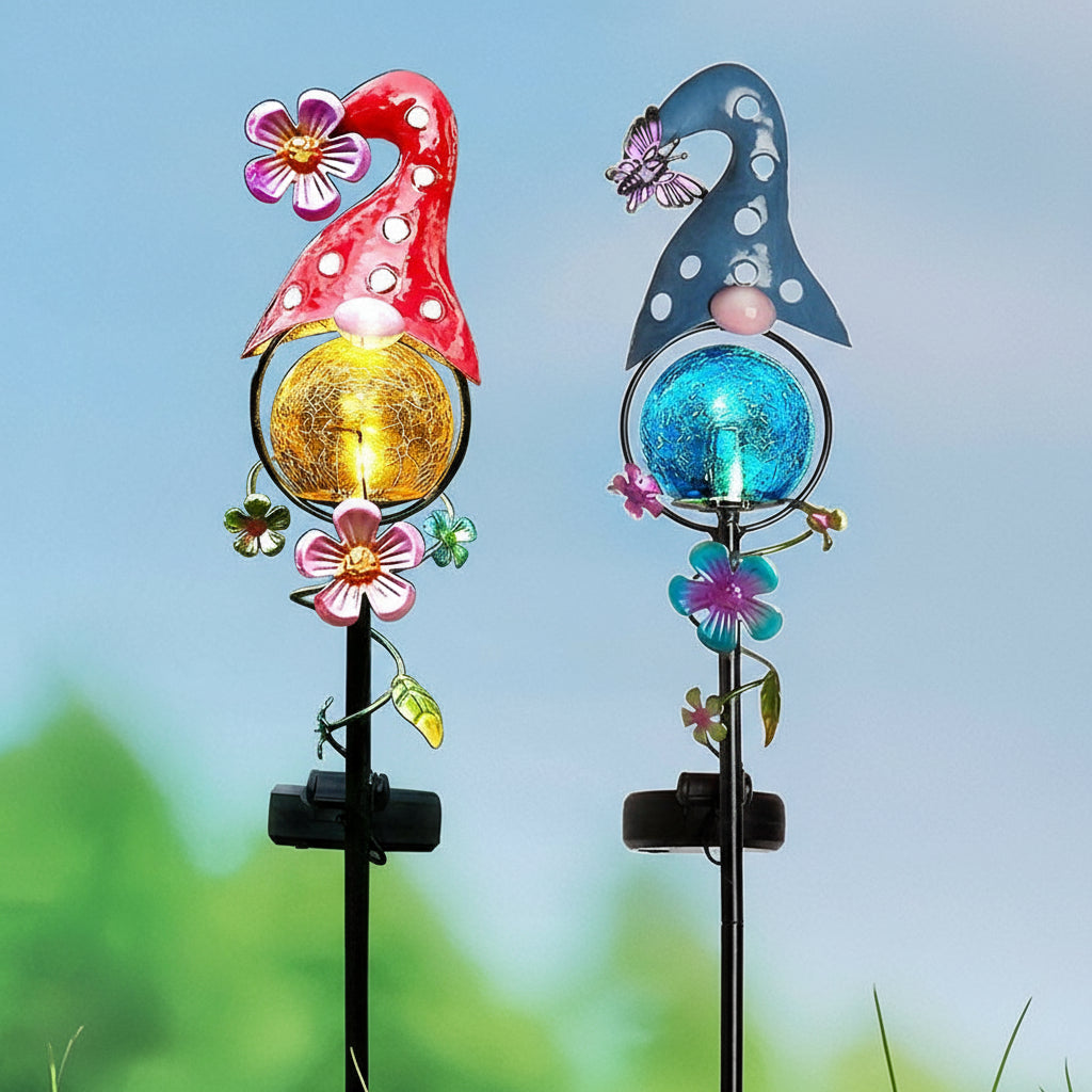 Solar LED Gnome Garden Stake Red with Flower or Blue with Butterfly