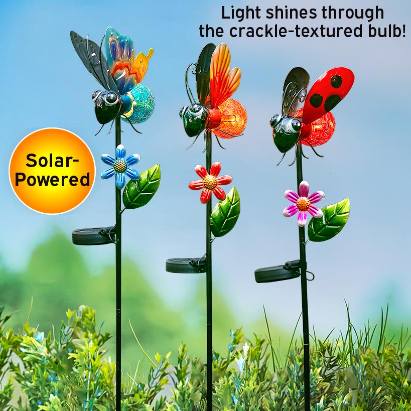 Solar Garden Stakes with Insect Designs – Ladybug, Butterfly, and Bee