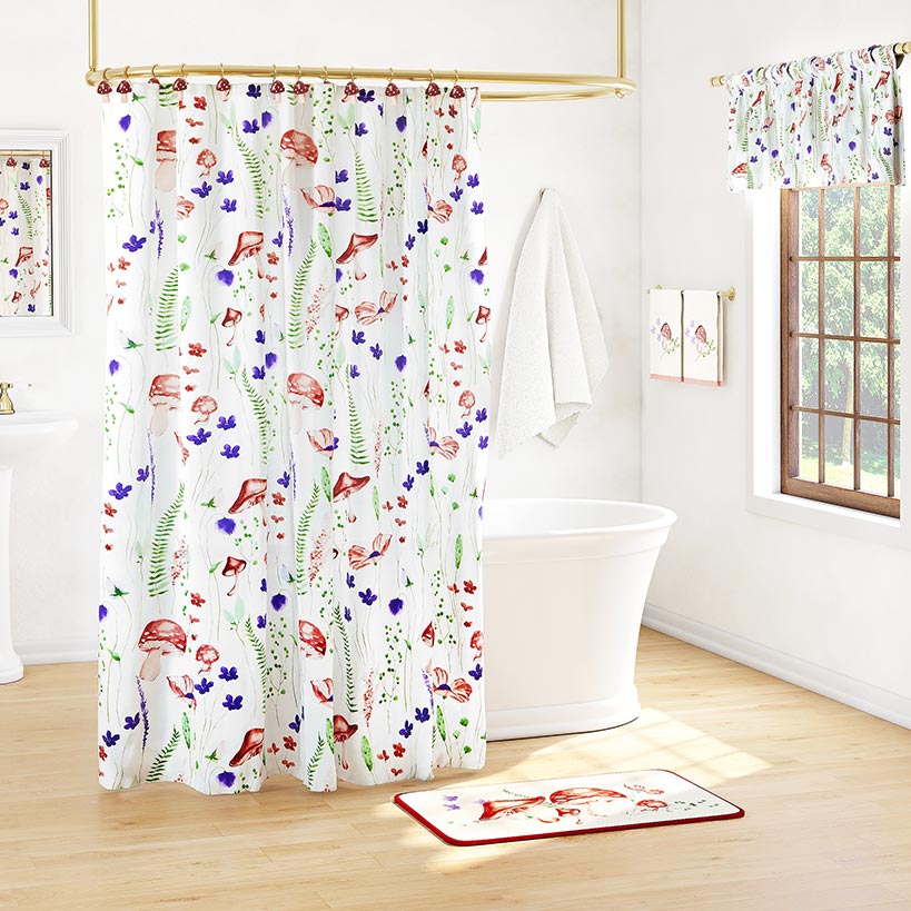 Spring Mushroom Shower Curtain, Bath Rug, Hand Towels, Valance or Hooks