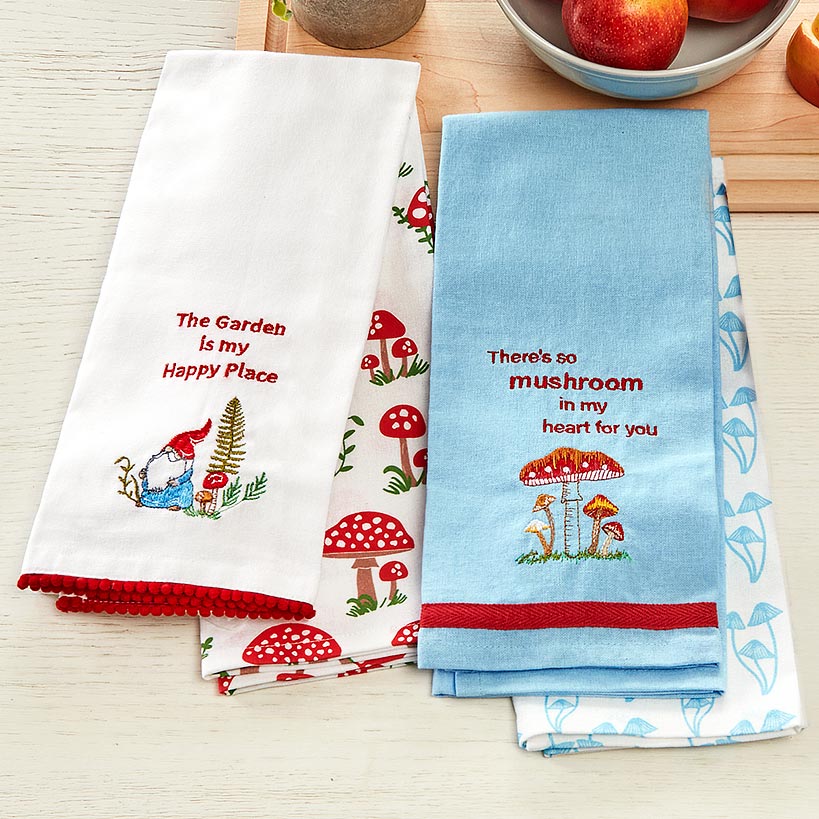 Set of 2 Spring Mushroom Embroidered Kitchen Towels
