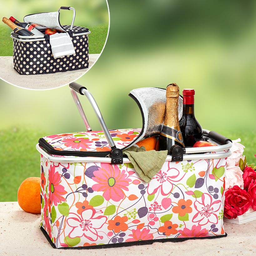 Insulated Cooler Picnic Basket Handles Zip Closure Floral Or Polka Dot