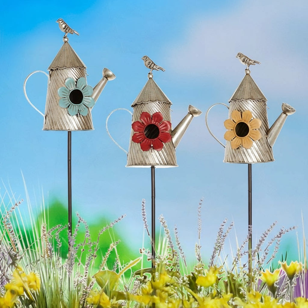 Metal Birdhouse Garden Stakes – Yellow, Red, and Blue Colors