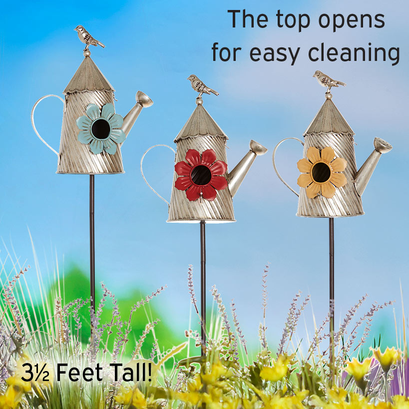 Metal Birdhouse Garden Stakes – Yellow, Red, and Blue Colors