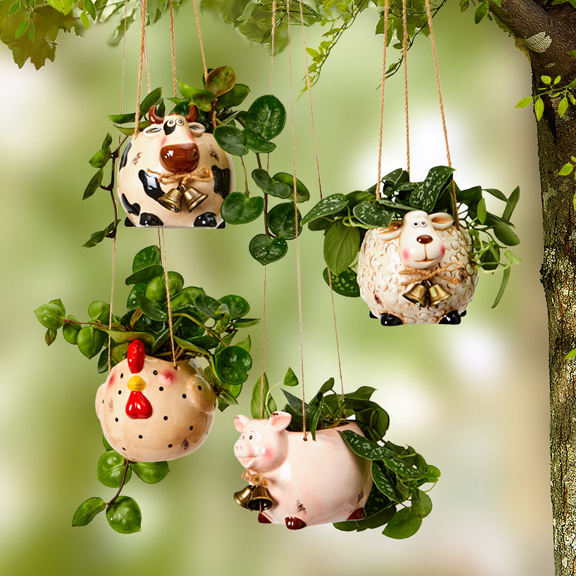 Animal Planter Farm Cow Pig Sheep or Chicken Hanging Ceramic Decor