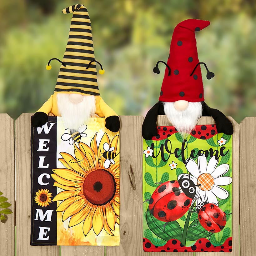 Welcome Fence Flags Ladybug Gnome and Bee Gnome Decorations