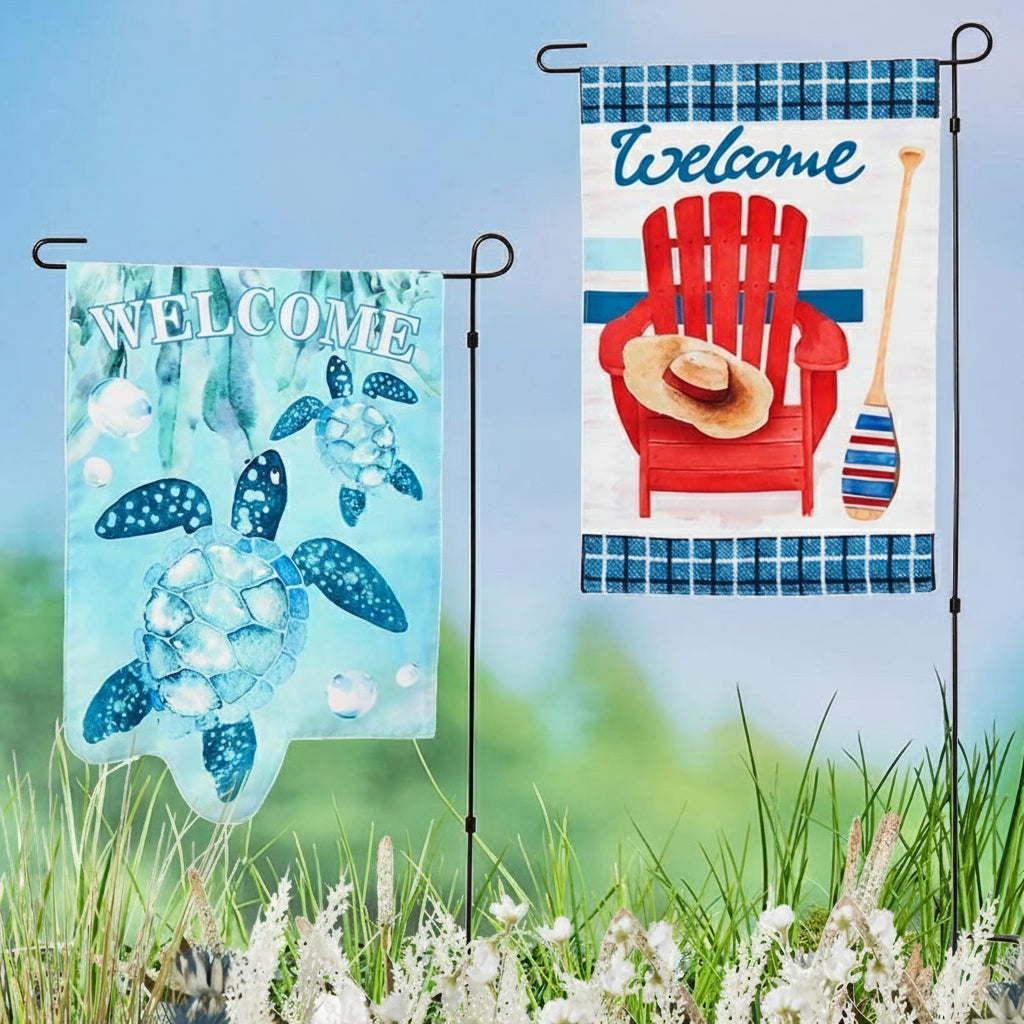 Nature-Themed Welcome Garden Flag With Stake – Turtle or Beach Chair