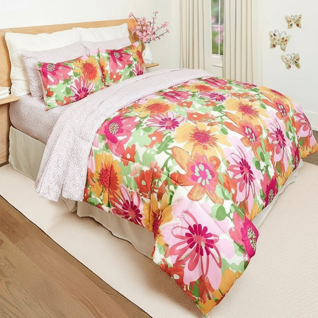 Summer Floral Reversible Queen or King Complete Comforter Set